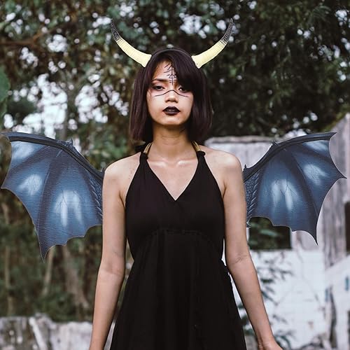 Miniatura 7 de LOGOFUN Diadema de cuerno de buey, aro de cuerno de buey grande rojo para fiesta, suministros de disfraces de animales, color negro