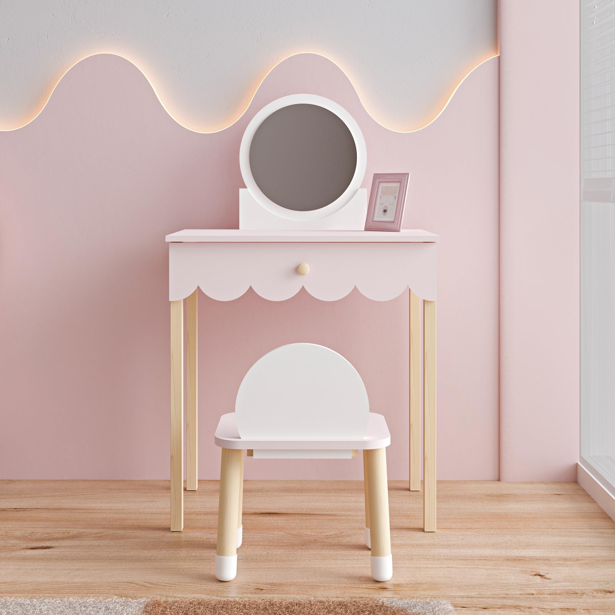[en.casa] Set di Tavolo da Trucco per Cameretta con Specchio Rotondo e Sedia Tavolino da Toeletta Scrivania con Cassetto e Sgabello per Bambini - Rosa/Bianco