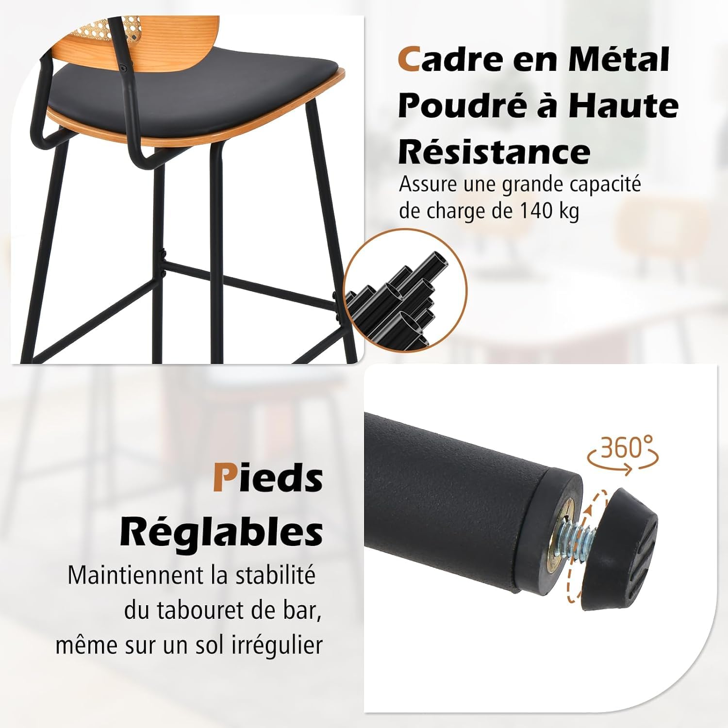RELAX4LIFE Lot de 2 Tabourets de Bar en Rotin, Chaise Haute Bar Cuisine Bohème avec Cadre Métallique, Chaise Cannage avec Repose-Pieds, Assise 65,5 CM, Charge 140 KG pour Café Salon Bistro