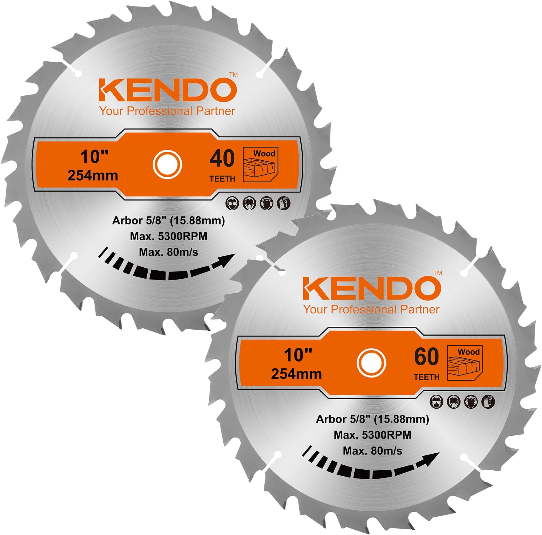 KENDO 2-Pack 10 Inch 40T&60T Carbide-Tipped Circular Saw Blade with 5/8 Inch Arbor, Professional ATB Finishing Woodworking Miter/Table Saw Blades for Plywood, Laminate, Ripping Wood