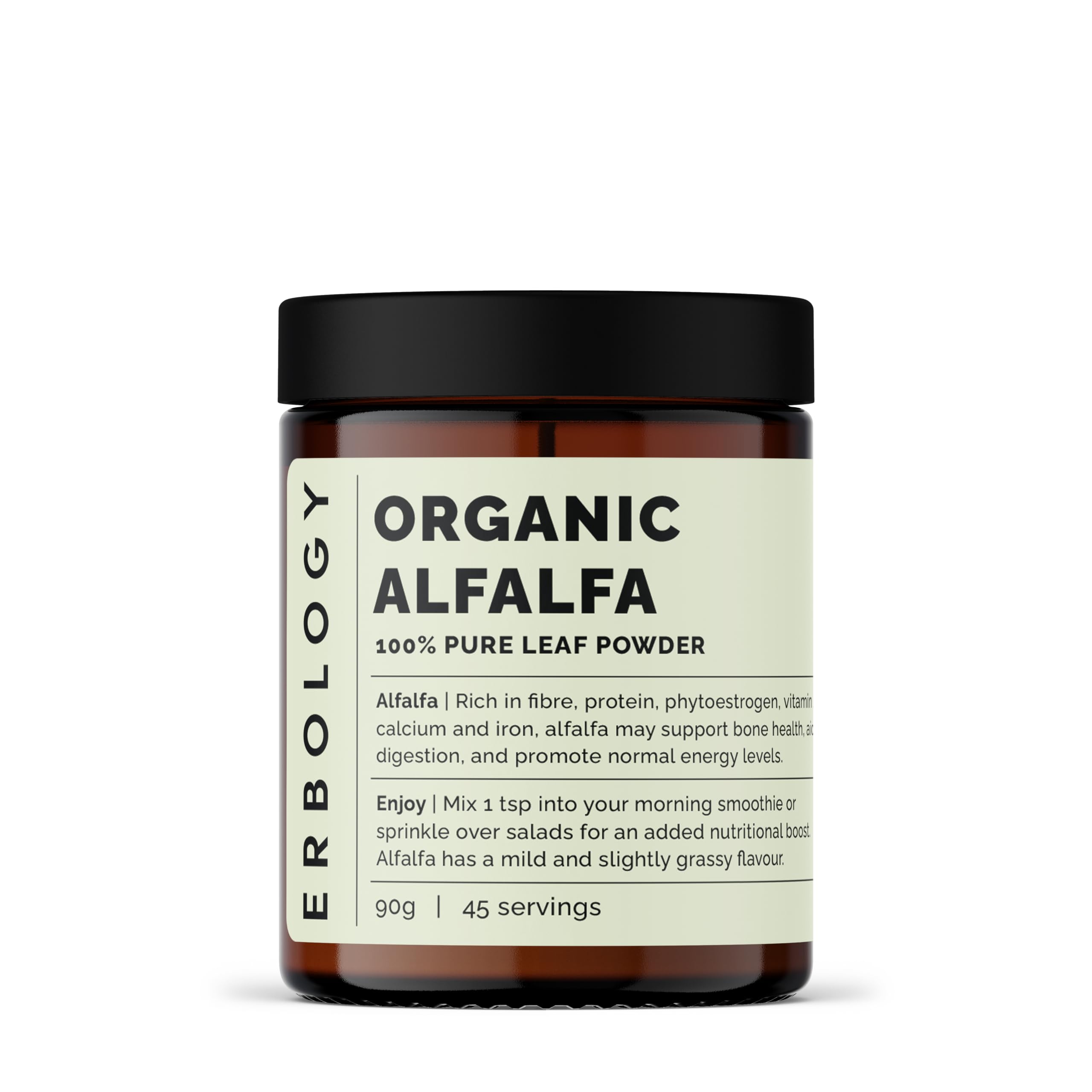 Erbology Polvo de alfalfa orgánica de 90 g, 45 porciones, apoya la salud ósea e intestinal, rico en vitamina A, calcio y hierro, de origen sostenible directamente de la granja, lote pequeño, vegano,