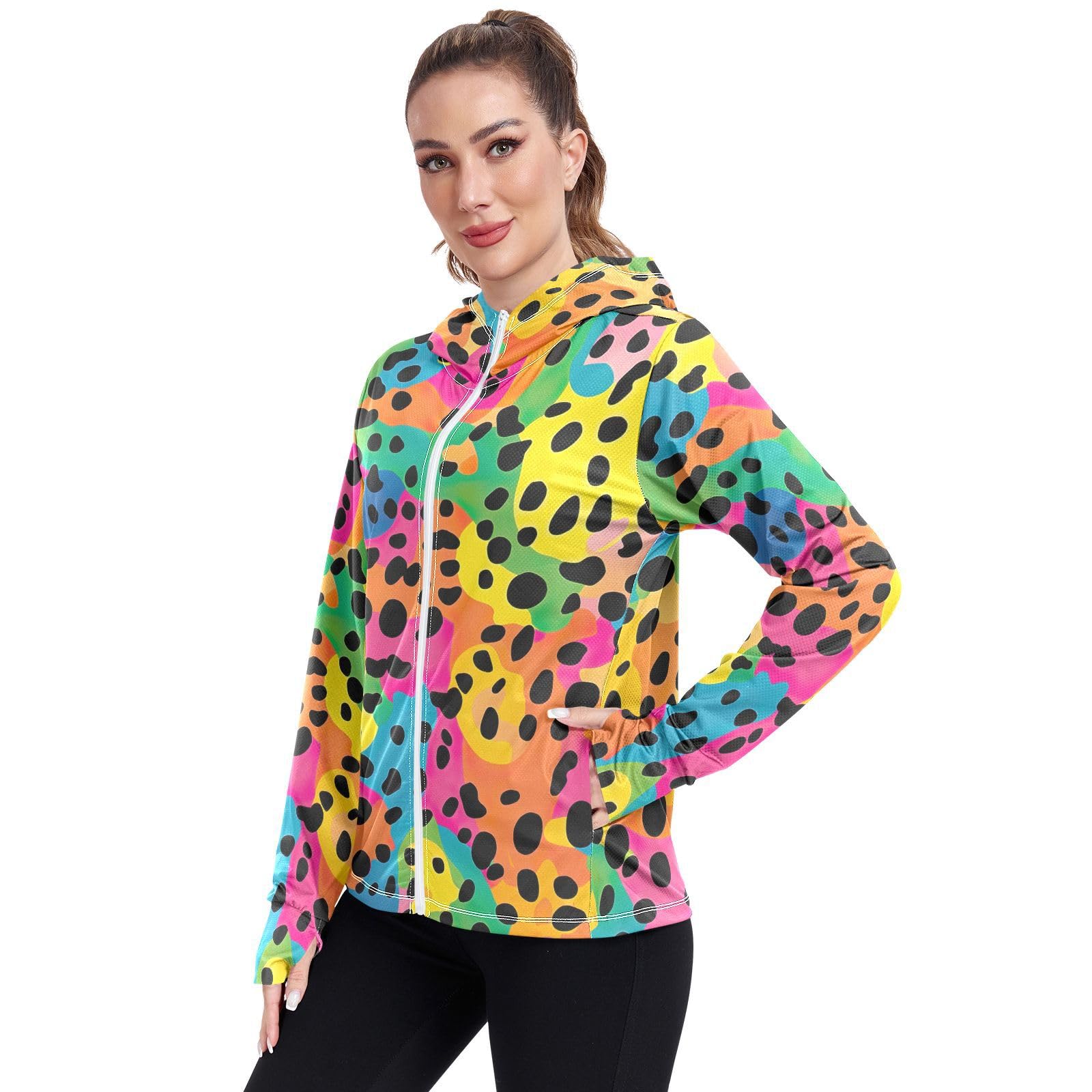 UMIRIKO Colorful Leopard Print Pattern Women's UPF 50+ Sun Protection Jacket Hoodie Rash Guard Shirt with Pockets M 202a3470