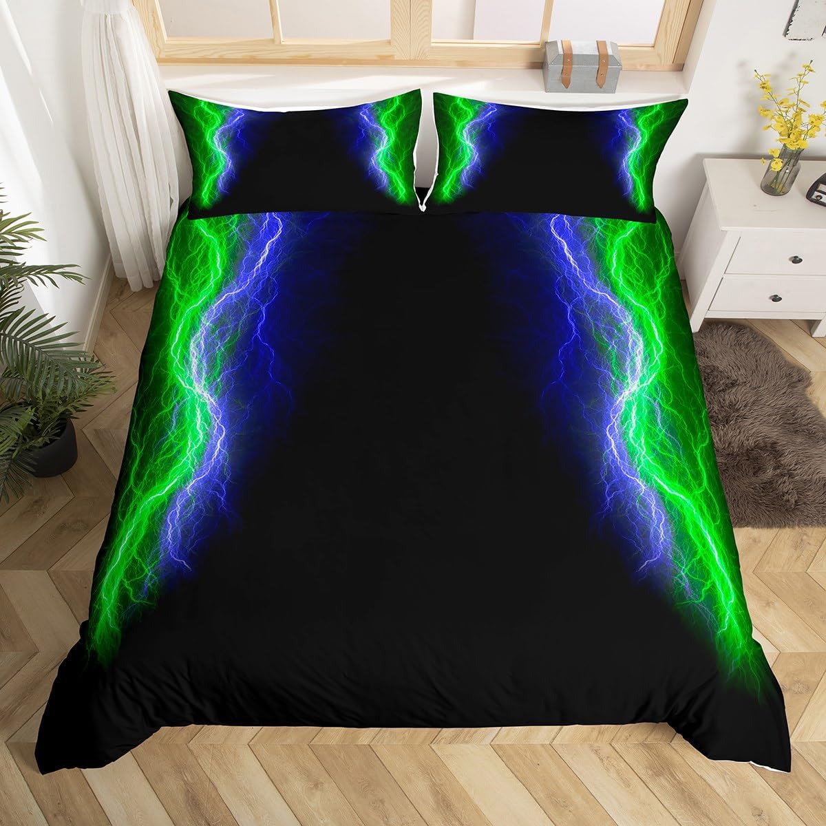 Feelyou Geometric Abstract Ombre Bedding Set Queen Size Kids Blue Red and Black Striped Comforter Cover Set for Boys Girls Teens Lightning Duvet Cover Bedspread Cover Room Decor Quilt Cover