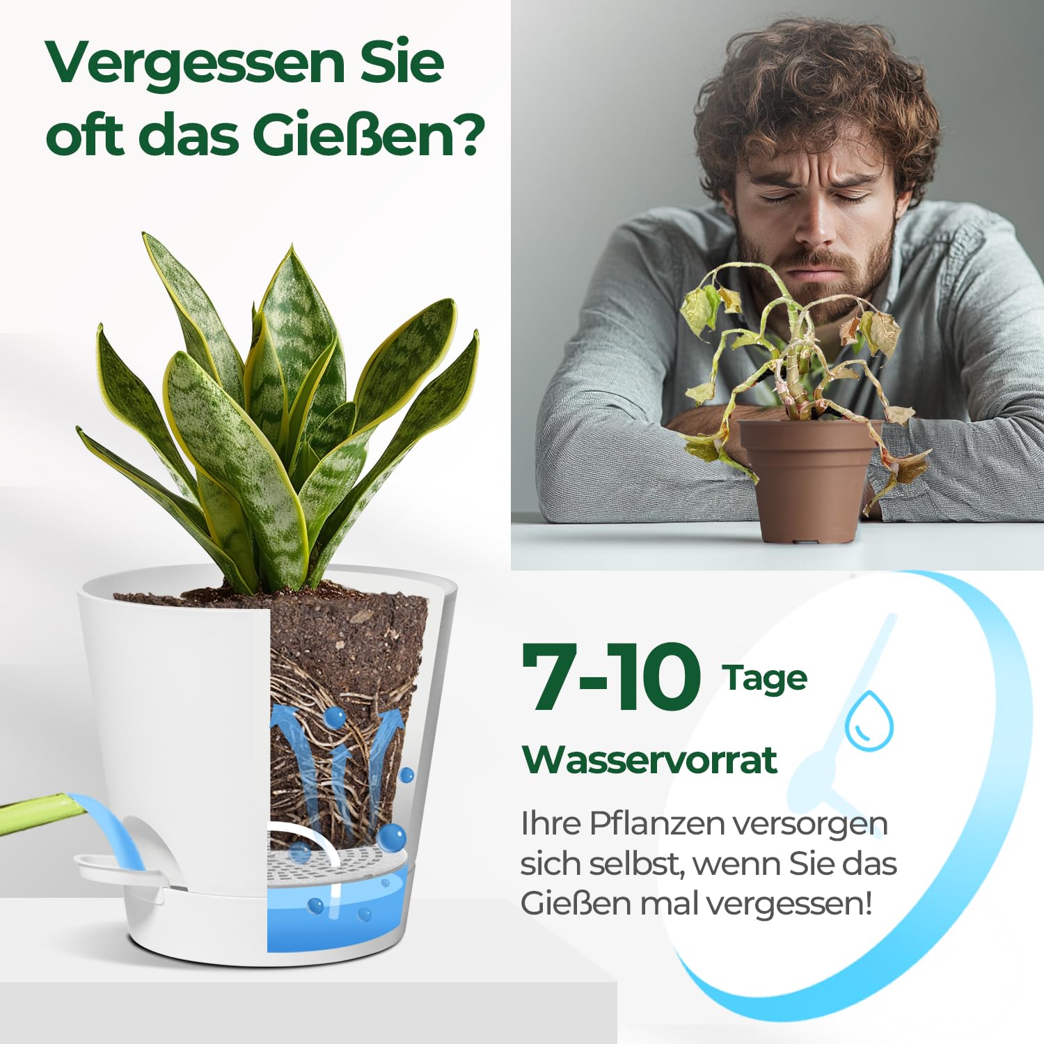 Fiason Selbstbewässernde Blumentöpfe – 3er Set, 22,9-30,5 Cm, Mit Wasserreservoir – Für Drinnen & Draußen (schwarz)