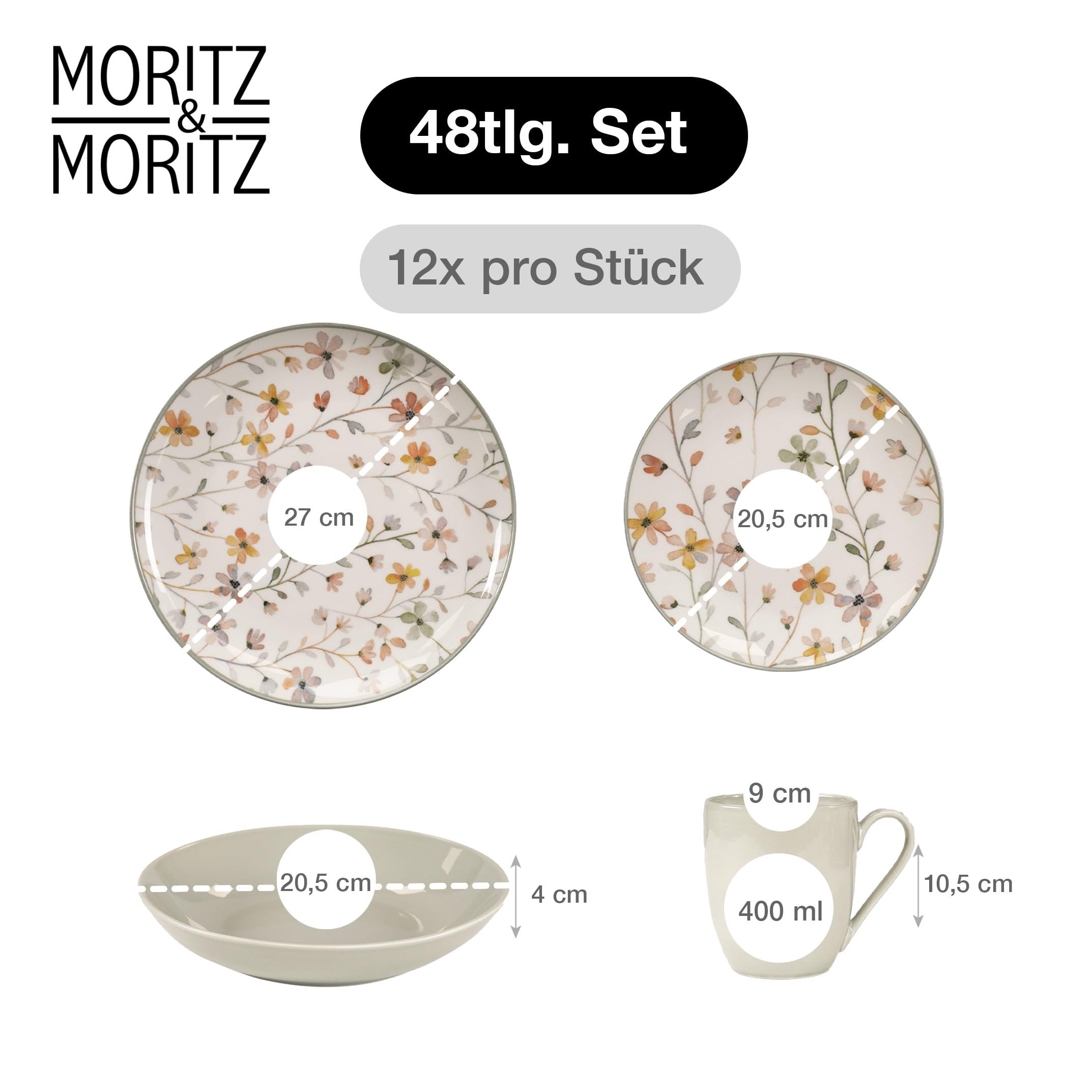 Moritz & Moritz PRIMAVERA Steingut Geschirrset 12 Personen 48-tlg. - Modernes Tafelservice mit verspieltem Design, Pflegeleichtes Kaffeeservice mit Teller Set, Schüsseln & Tassen - Kombiservice