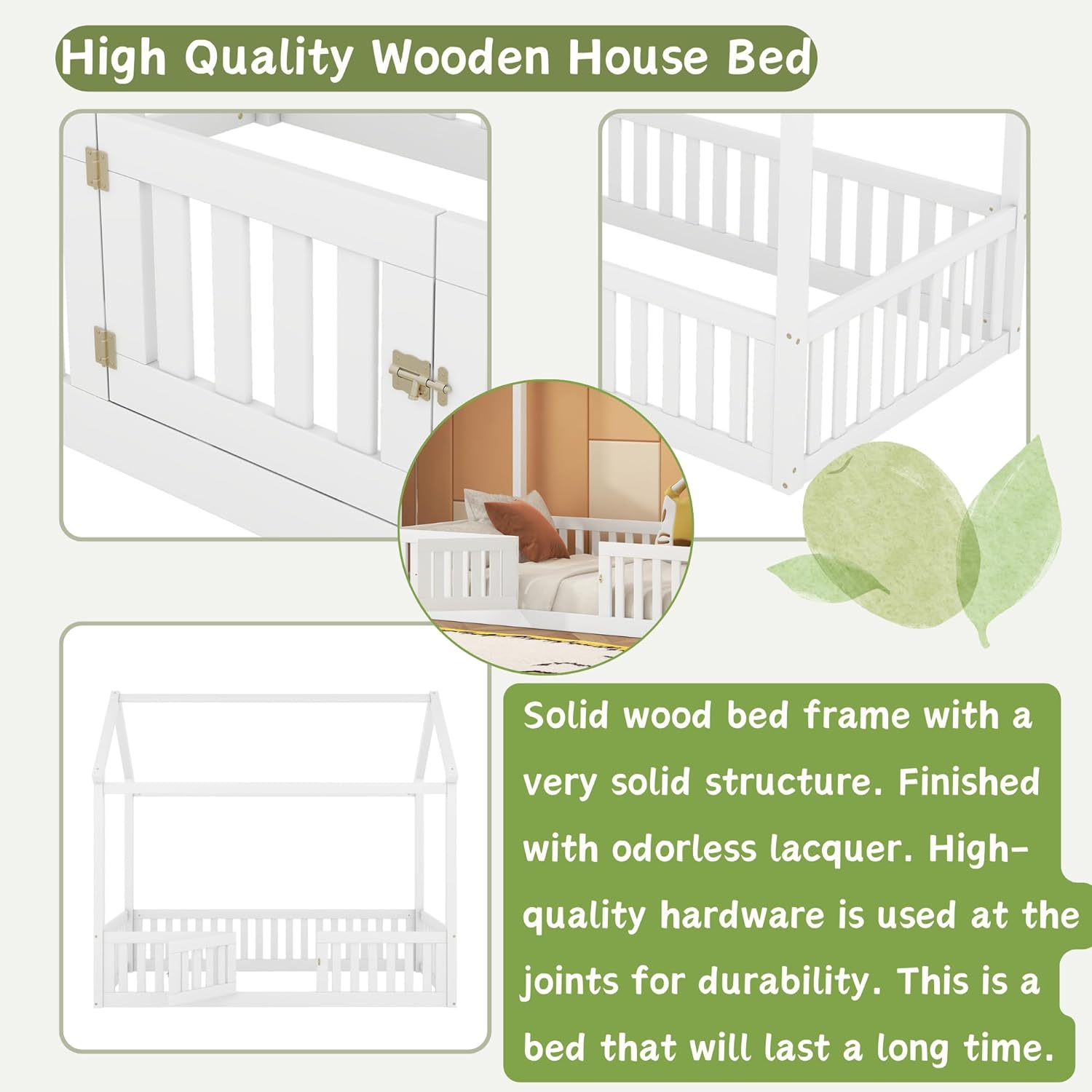 Twin Size House Floor Bed Wooden Montessori Bed with Fence and Closable Door for Kids Playhouse Style Bed Frame for Kids Girls Boys Teens, White