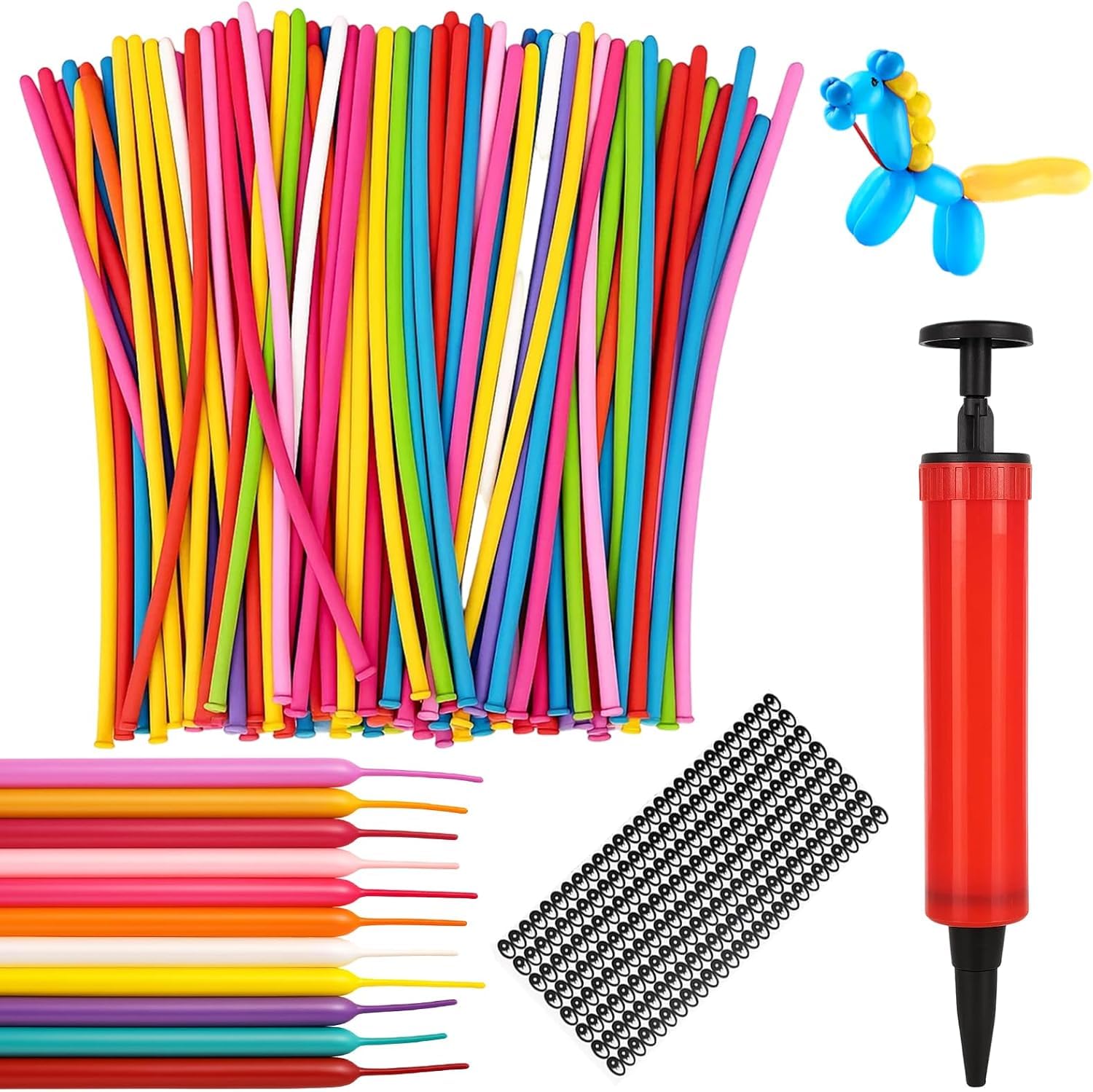 100 Modelling Balloons, Balloon Animal Making Kit with Pump and Eye Stickers, Long Balloon for Tying, Big Balloons for Fun Activities and Party Decorations