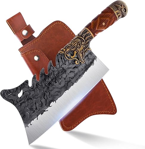 Miniatura 9 de ROCOCO Cuchillo de carnicero de dragón de 2 libras, cuchillo de carnicero resistente de 9.5" de corte de carne y hueso, gran cuchillo vikingo