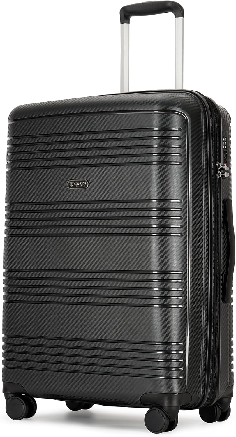 GinzaTravel 25 Inch Medium Checked Luggage Lightweight Suitcase with Spinner Wheels TSA Lock, Black