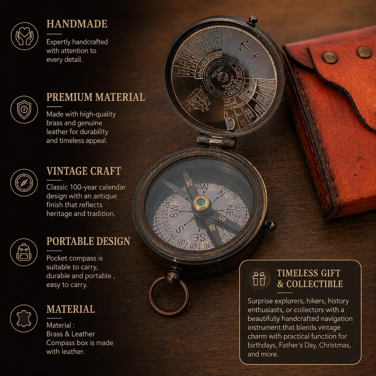 collectiblesBuy Antique Pocket Brass Compass Vintage Kelvin Hughes 100 Year Calendar London 1885 W/Leather Case image 4