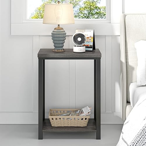 Miniatura 7 de FOLUBAN Mesa auxiliar pequeña, mesa auxiliar de madera rústica y metal con almacenamiento, mesita de noche vintage para sala de estar, dormitorio,