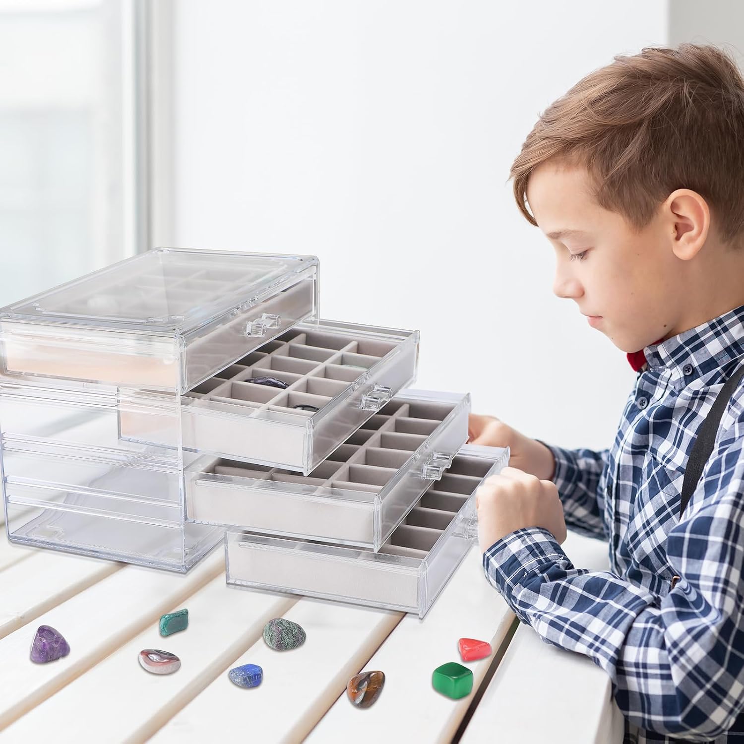 Misdary Acrylic Rock Display Case 72 Grid Rock Collection Box for Kids 4 Drawers Velvet Insert Crystal Display Storage Case for Gemstone Fossil Crystal Stone Collectibles(Grey)