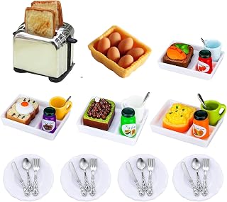 47Pcs Dollhouse Decor Set, 1:12 Scale 1 Set Miniature Toast Machine, 4Pcs Plate, 12Pcs Knife Fork Spoon, 1Pc Milk Bottle, 1 Set Boxed Egg Model, 4 Sets Dinner Plate for Kids Gift, Multicolor