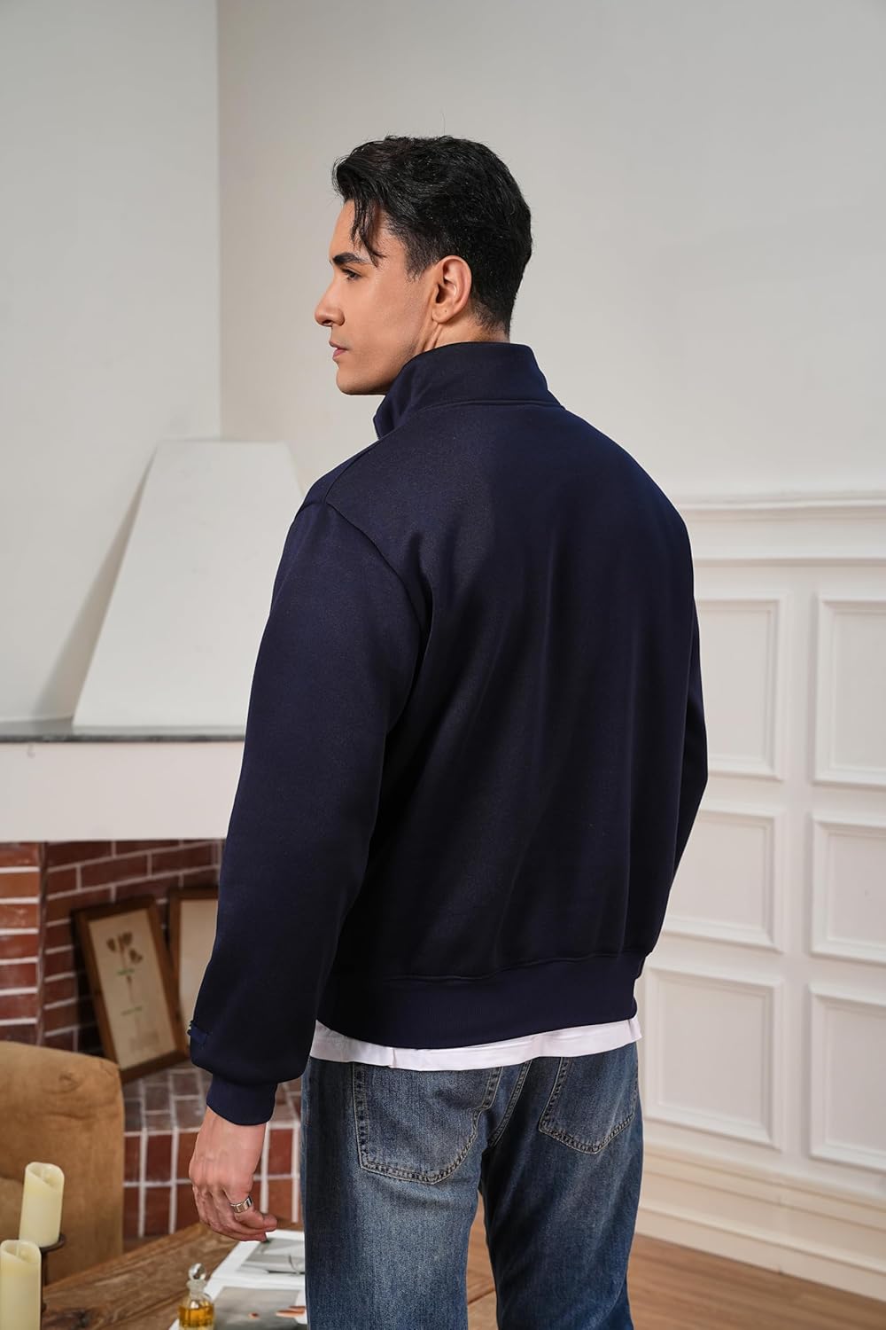 VPG Mens 1/4 Zip Pullover, Navy Blue Stand Collar Fleece Lined Plain Vintage Quarter Zip Pullover Sweatshirt - Image 3