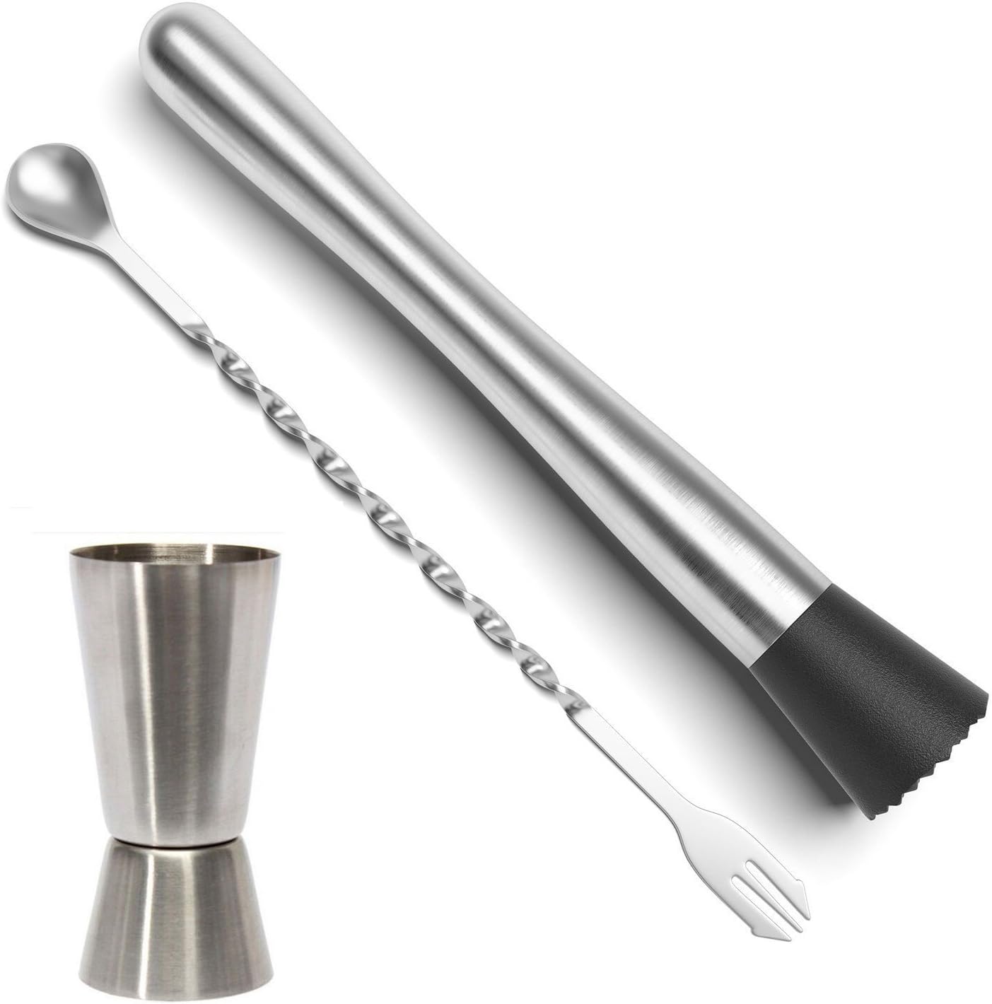 Stainless Steel Cocktail Muddler, Mixing Spoon, Jigger Set, Bar Tool Essentials