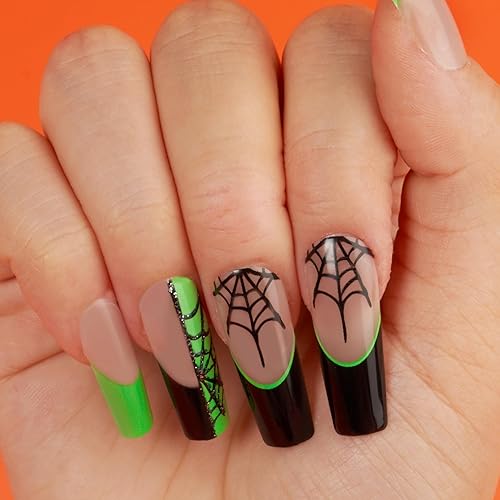 Gold Finger - 24 uñas postizas de Halloween, uñas postizas largas cuadradas a presión, pegamento en uñas espeluznantes fantasma, araña, calabaza,