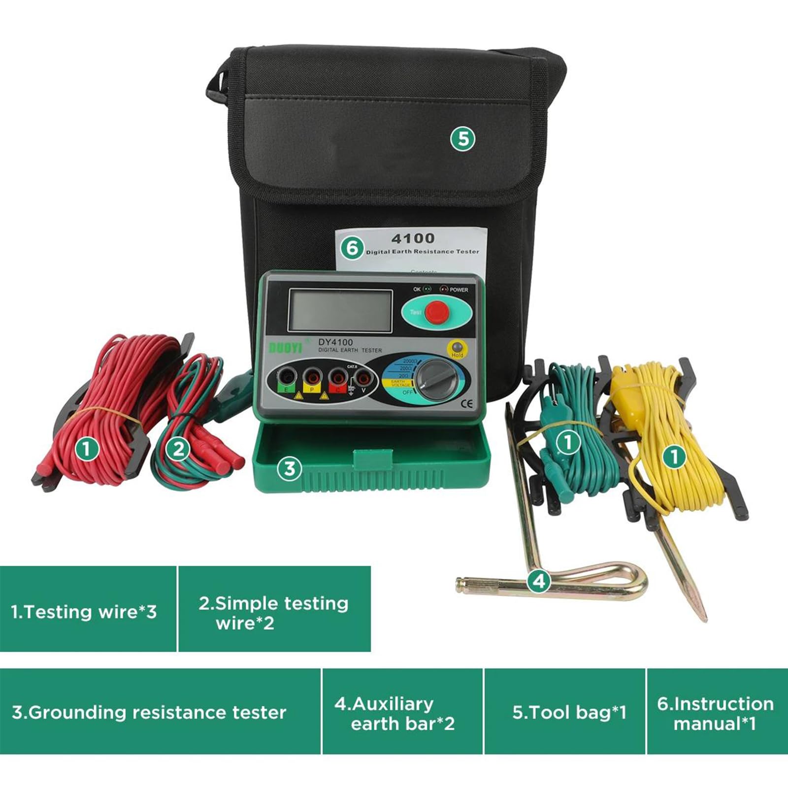 DY4100 Testeur de résistance de terre numérique 0~2000Ω Mégohmmètre,testeur de terre LCD haute définition,stockage de données,rappel de batterie faible testeur multimètre,Mesureur de terre