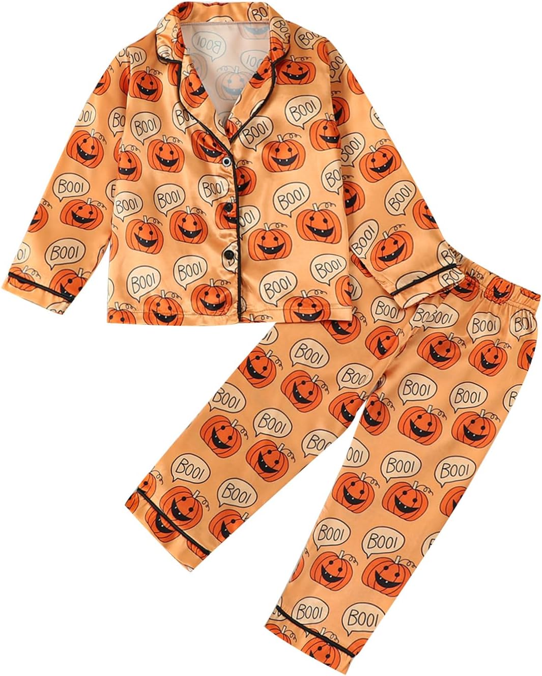 PybcvrrdHalloween Pajamas for Toddler Girls Boys Pumpkin Silk Pajamas Long Sleeve Button-Down Tops Pants 2 Pieces Pjs Set