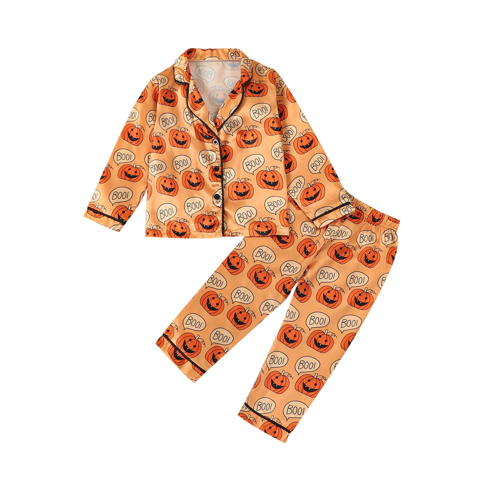PybcvrrdHalloween Pajamas for Toddler Girls Boys Pumpkin Silk Pajamas Long Sleeve Button-Down Tops Pants 2 Pieces Pjs Set