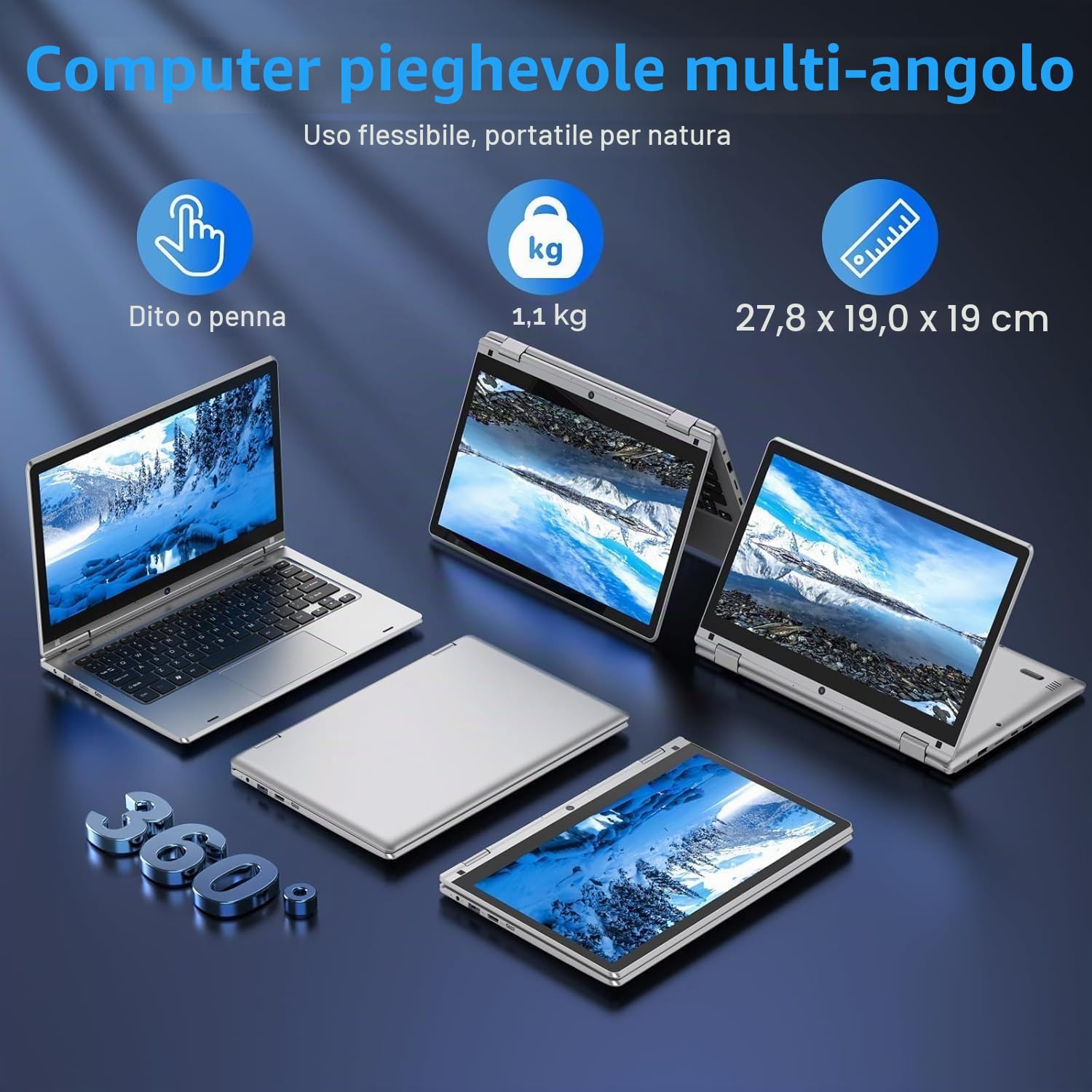 PINSTONE 11,6 Pollici Laptop - Celeron N4020 6 GB di RAM 128 GB di SSD, PC portatile touch pieghevole a 360°, 2,4/5 GHz WiFi, Bluetooth 4.2, W 11P, Mini HDMI, Small Laptop Extension SD - Argento
