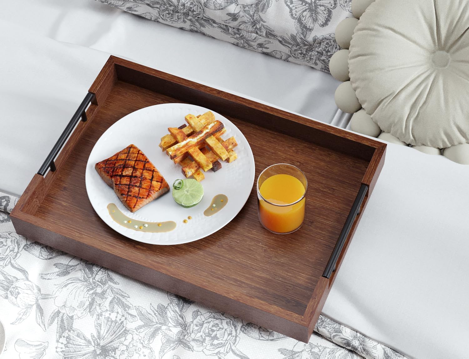 Fibogollo Bamboo Serving Tray with Metal Handles,17x12in Ottoman Decorative Trays Platter for Coffee Table,Living Room,Bar,Party,Large(Brown)