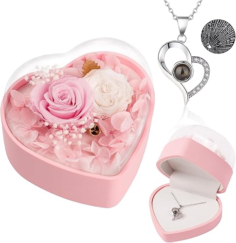 Regalos para el día de San Valentín para ella, rosa preservada para siempre con collar "I Love You", caja en forma de corazón, rosas rosadas, flores