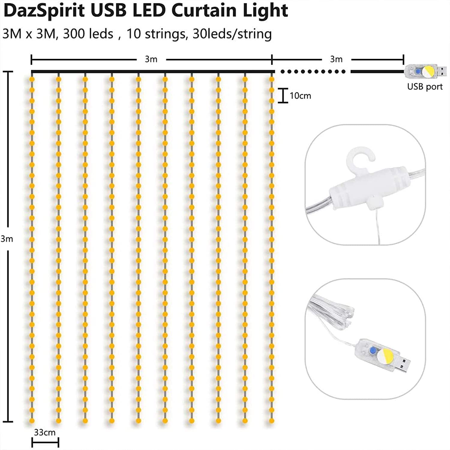 DazSpirit 3Mx3M 300 Tenda luminosa a LED, catena di luci USB decorative con 8 modalità di luce Telecomando e timer, impermeabile per la festa di nozze Camera da letto di Natale (Bianco Caldo)
