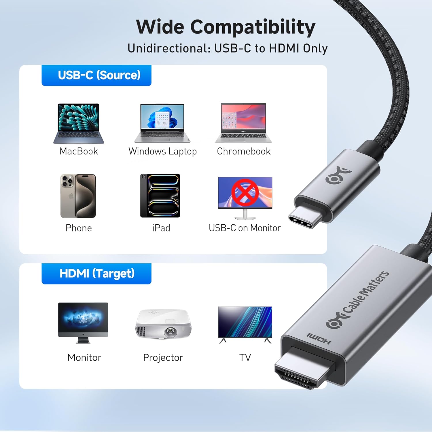 Cable Matters 48Gbps 8K Unidirectional USB C to HDMI 2.1 Cable for macOS, Windows - 10ft, Supports 4K@240Hz / 8K@60Hz with HDR, Thunderbolt 4 to HDMI 2.1 Cable, Compatible with Thunderbolt 5 Laptops