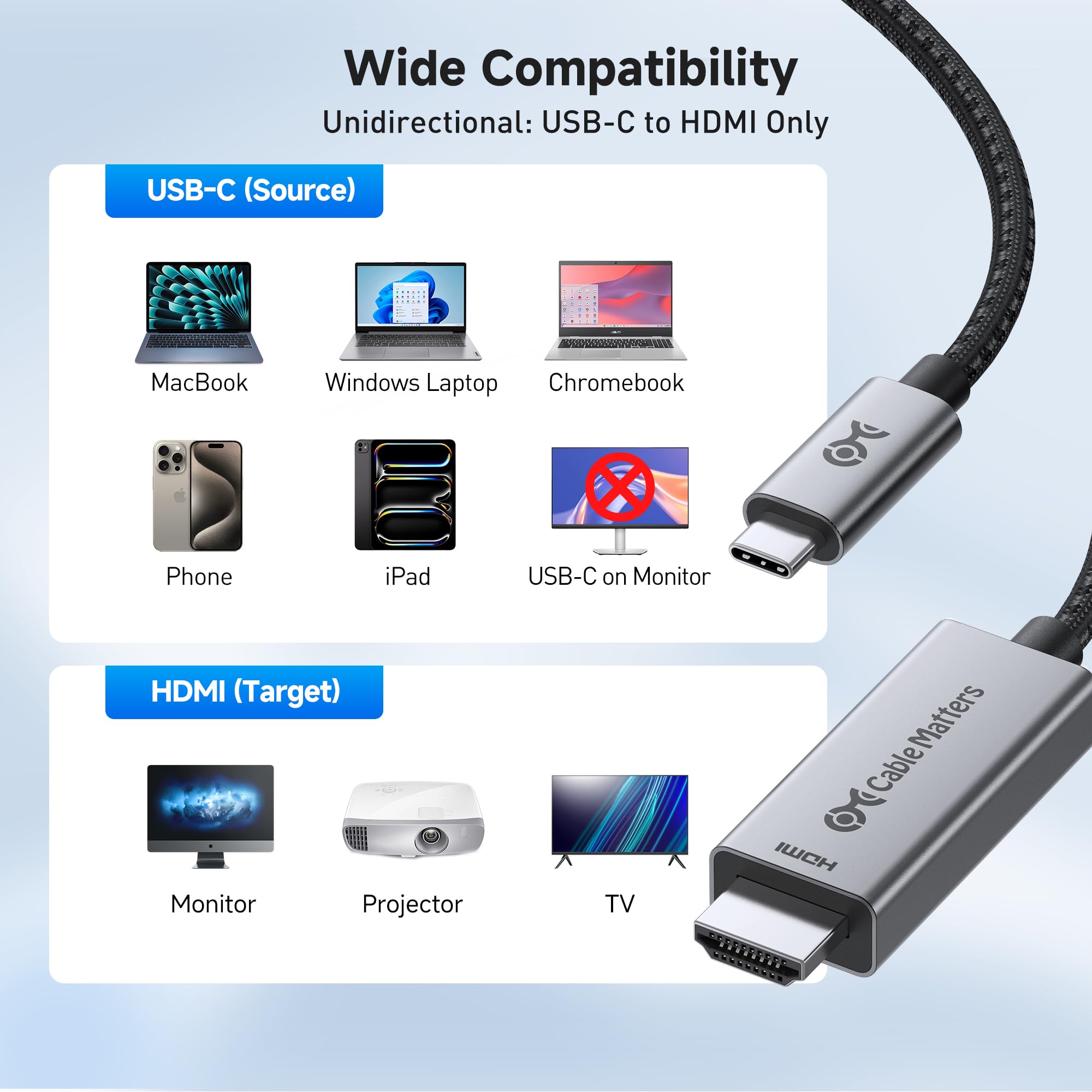 Cable Matters Jednokierunkowy Kabel USB-C do HDMI 2.1 48 Gbps, 1,8 m | 4K@240Hz / 8K@60Hz HDR, do macOS i Windows, bez aktualizacji oprogramowania, Thunderbolt 5 do HDMI 2.1