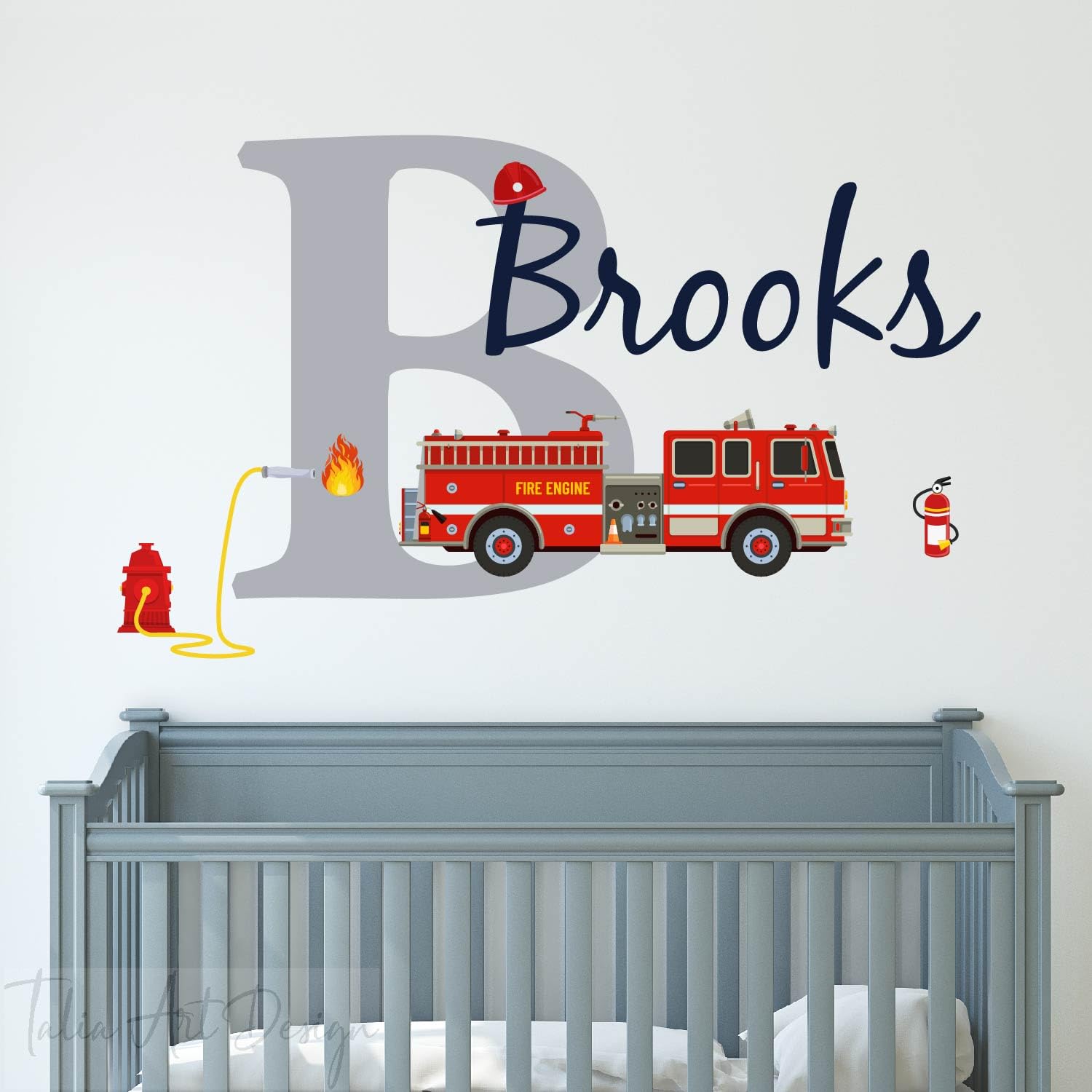 Custom Name Fire Truck Wall Decor Personalized Fire Engine Wall Sticker for Kids' Room and Playroom Custom Capital Name Decor