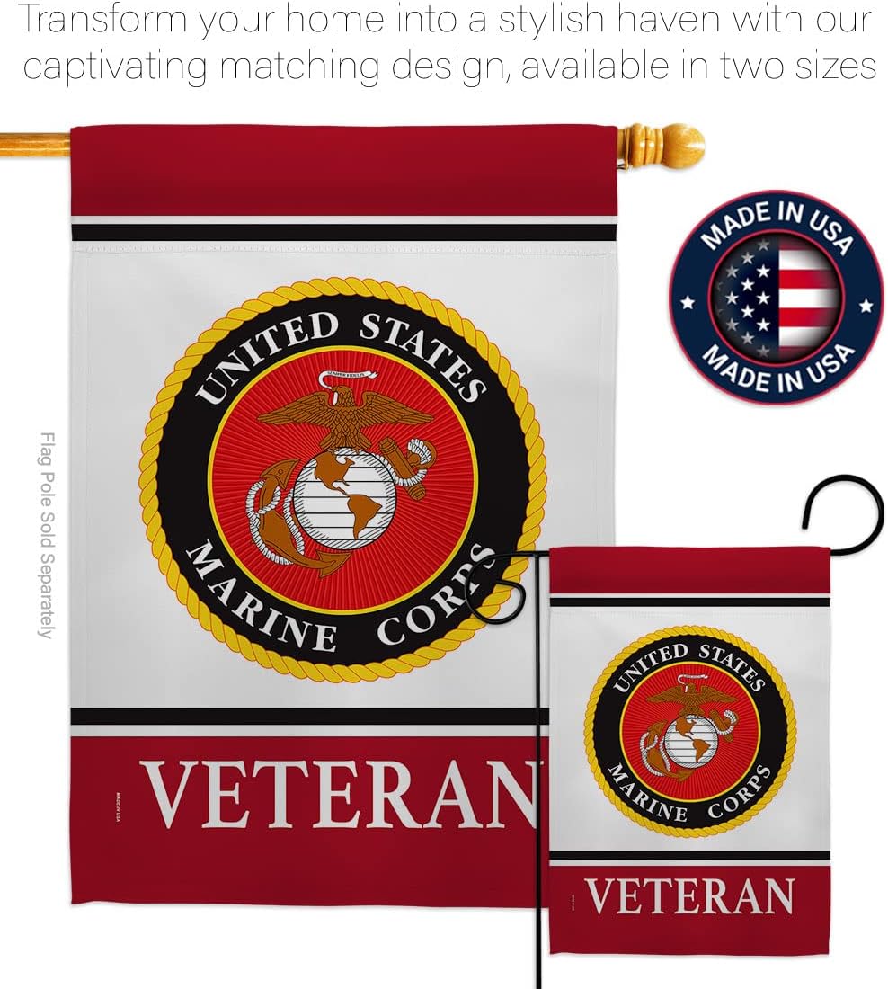Marine Corps Veteran House Flag - Dowel Set Armed Forces USMC Semper Fi United State American Military Retire Official - Decoration Banner Small Garden Yard Gift Double-Sided Made in USA 28 X 40