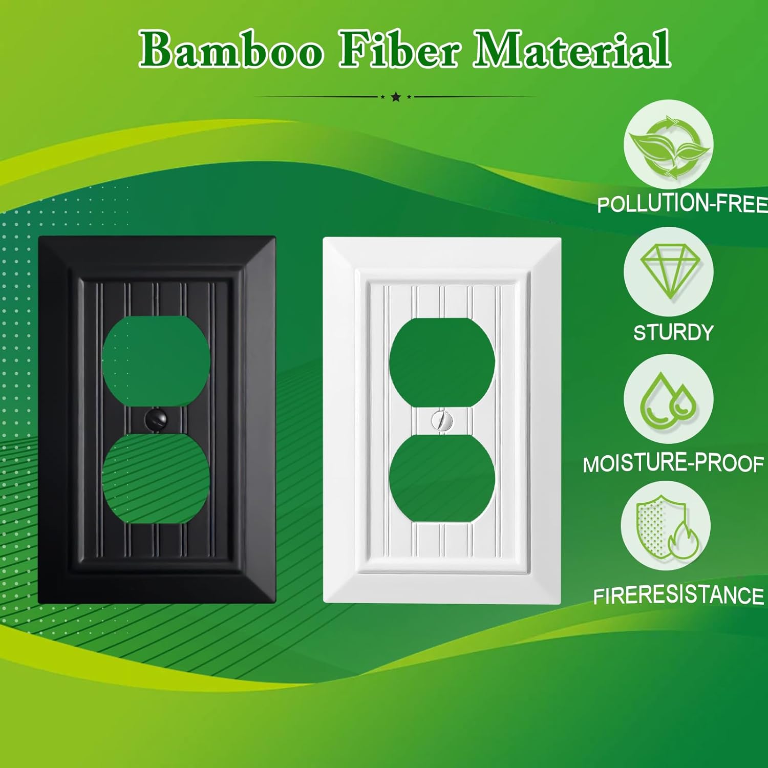 Beadboard Outlet Covers Wall Plates, Bamboo Fiber Light Switch Covers, Natural Material Electric Receptacle Decorative Switch Plate Outlet Cover Matte Black (1 Gang Duplex 4 Pack)