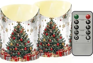 Outdoor Flameless Candles, Merry Christmas Tree Ornament Ball Gifts Gold Snowflake LED Candles, Battery Operated Candles with Remote and Timers, Set of 2,