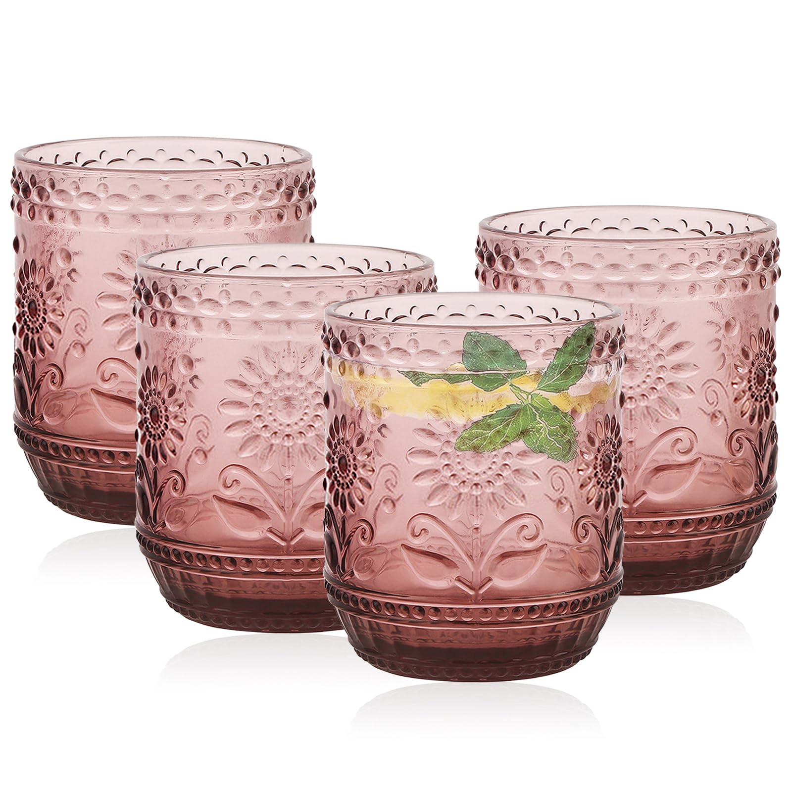 Juice Glasses, Pink Glasses Drinking Set of 4, 12oz Vintage Water Glasses with Sunflower Design, Embossed Floral Pink Glassware for Cocktail, Beer, Wine, Whiskey, Water & Juice Drinkware