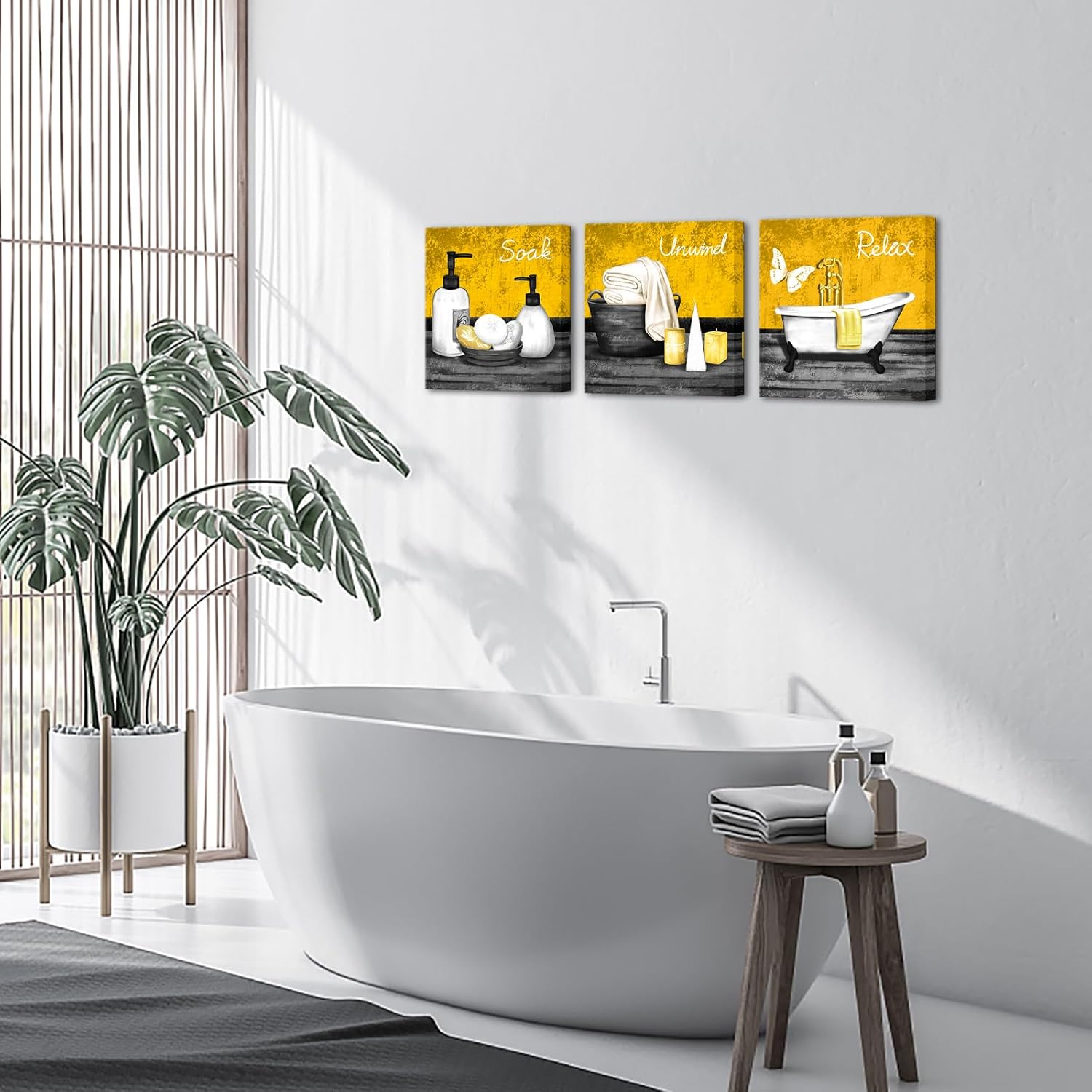 RnnJoile Yellow Bathroom Decor Spa Wall Art Pictures Still Life Canvas Paintings for Bathroom Spa Room Wall Decor Framed 12"x12" for Each