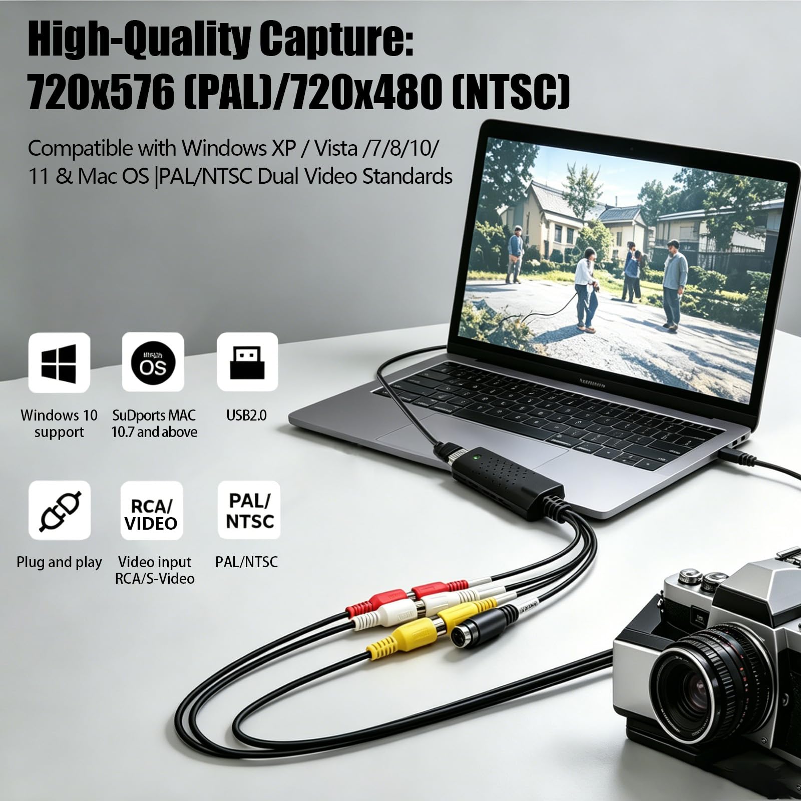 Convertitore VHS in Digitale, VHS to Digital Converter, USB 2.0 Video Grabber, Convertitore Analogico Digitale Acquisizione, per PC, Video, DVD, Windows XP 10/8/7
