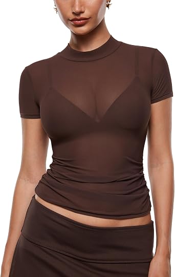 INLYRIC Womens Cosnufy Mesh Sheer Short Sleeve Shirts See Through Mock Neck Ruched Summer Going Out Tops Sexy Tees
