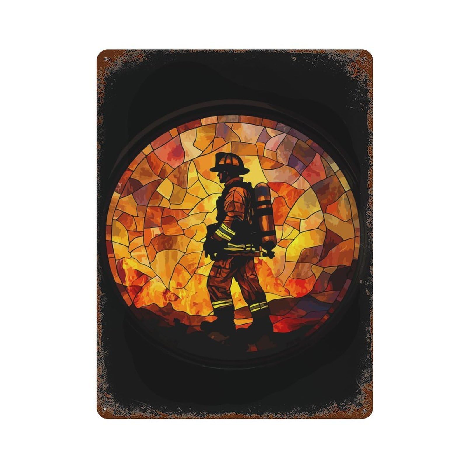 Distressed Metal Wall Sign with Firefighter Stained Glass Design 15.7"x11.8", for Office, Studio And Wall Decor, Industrial Home Decor