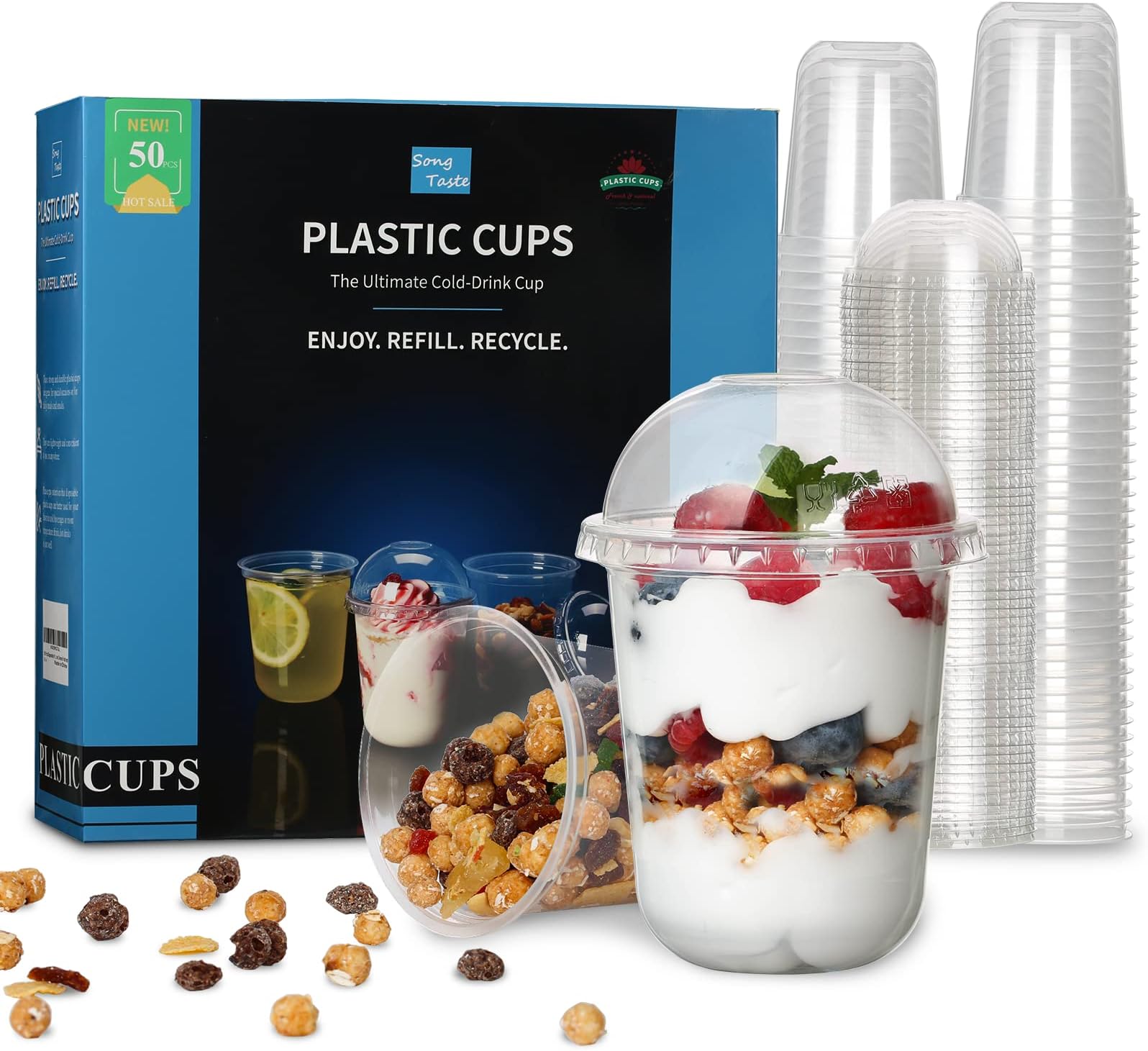 50 Pcs Disposable Plastic Cups,12 Oz Clear Plastic Parfait Cups with Dome Lids and No Hole,Dessert Yogurt Fruit Holders for Kids,Take Away Breakfast and Snacks,Cold Drinks,Ice Cream,Fruit
