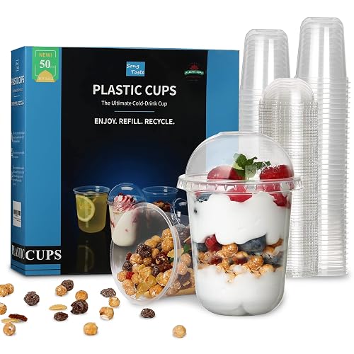 Songtaste 50 Pcs Disposable Plastic Cups,12 Oz Clear Plastic Parfait Cups with Dome Lids and No Hole,Dessert Yogurt Fruit Holders for Kids,Take Away Breakfast and Snacks,Cold Drinks,Ice Cream,Fruit - 12 oz.