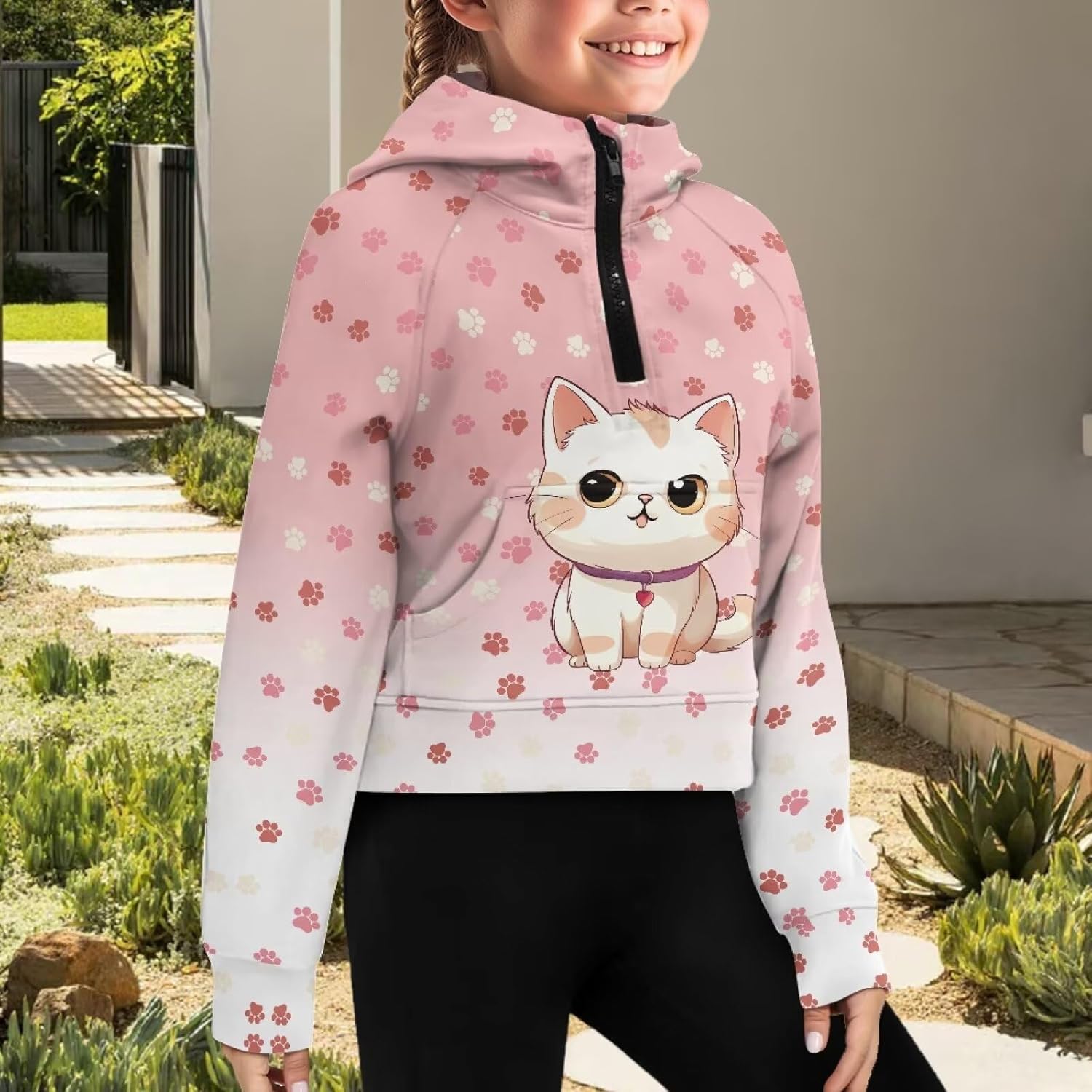 Cat Print Sweatshirts for Girls 5-6 Long Sleeve Pullover Top Loose Fit Half Zip Sweatshirt Fleece Hooded Pullover Lightweight Soft Crop Tops Fall Winter Clothes Jacket