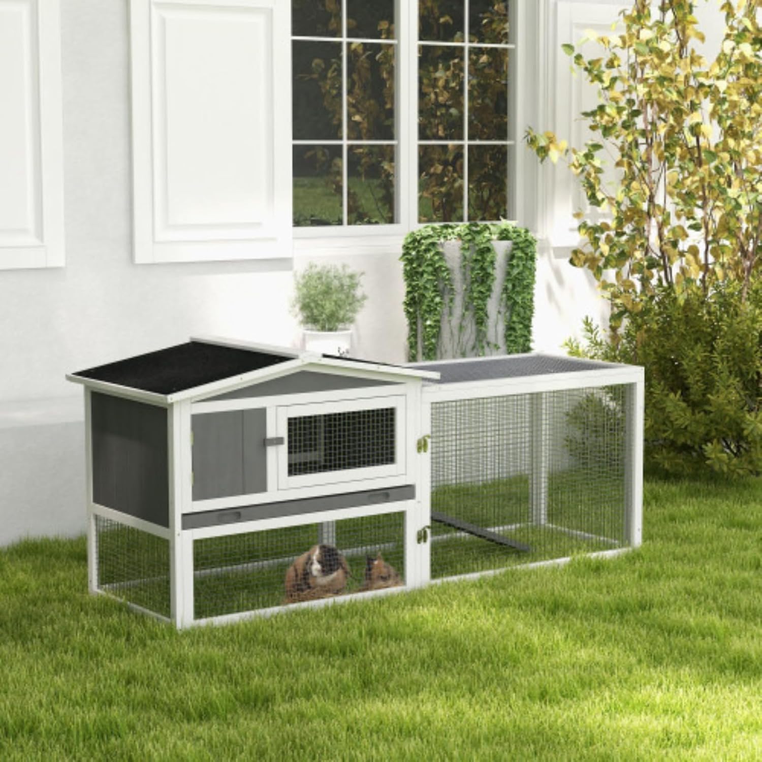 2 Tier Rabbit Cage Small Animal House, Pet Cage, Rabbit Cage Rabbit House with Slide-Out Tray, Removable Run, Suitable for Indoor and Outdoor, 61.5" x 23" x 27", Light Gray
