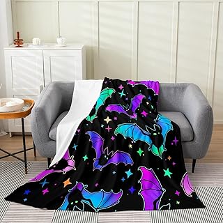 Erosebridal Halloween Blanket Queen 90x90 inch,Cartoon Neon Spooky Bats Throw Blanket,Rainbow Bats Halloween Decoration Fleece Blanket for Kids Boys Girls Teens Colorful Stars Flannel Blanket