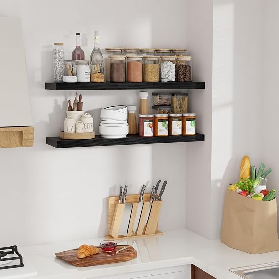 Feihorrm 90cm Floating Shelves for Wall, 23.5cm Deep Black Shelves Set 2