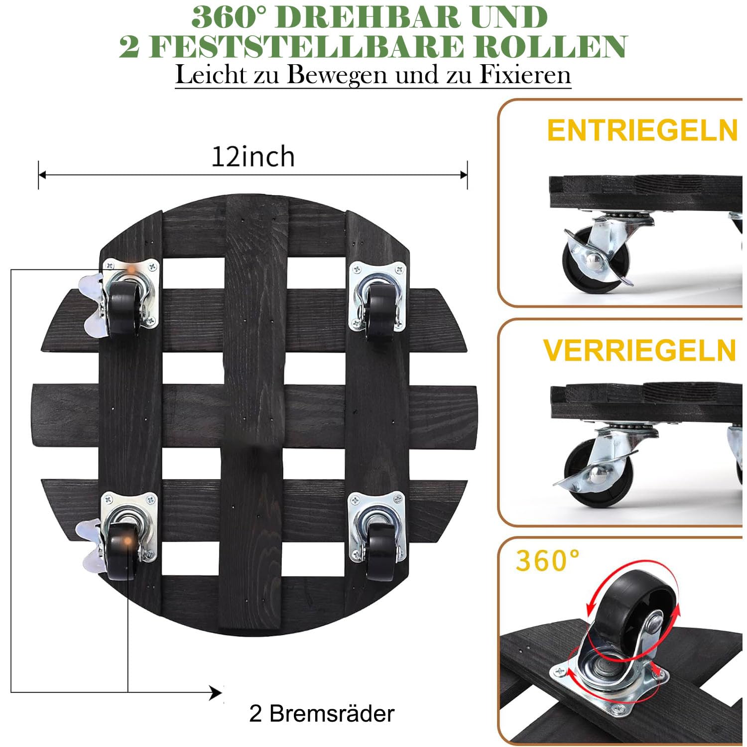 Lot de 2 supports de plantes à roulettes à 360° avec roues verrouillables - Support de pot de fleurs en bois robuste pour intérieur ou extérieur