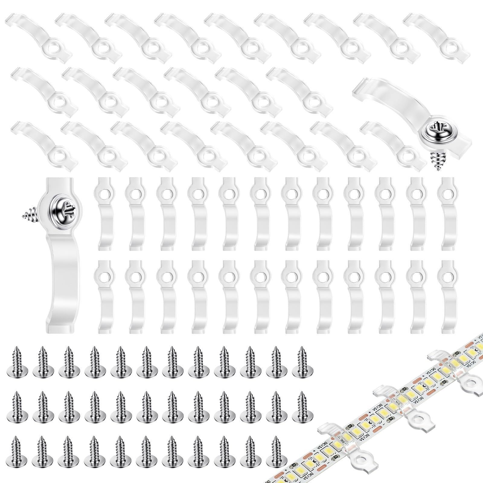 ANOMM 100 Stück LED Streifen Befestigungsclips mit Schrauben, Transparente Lichtstreifen Clips für SMD 3528/3014/5050/5630 und 8 mm/9 mm/10 mm Breite, Wasserdichte Streifen für Zuhause, Party, Küche