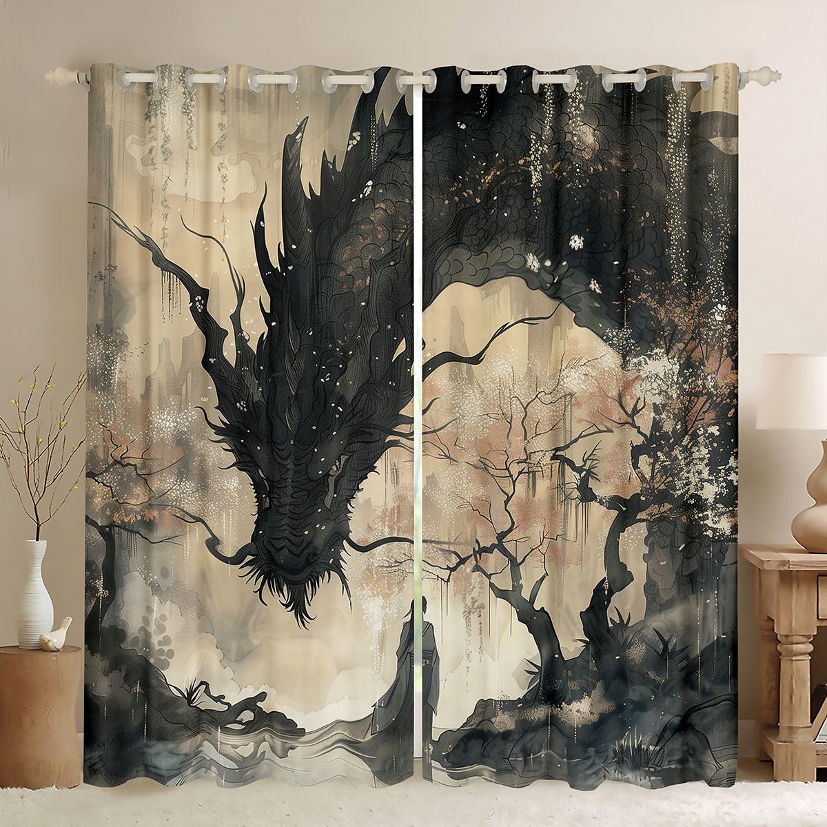 Homemissing Cortinas de dragón de anime (2 paneles, 66 pulgadas de ancho x 90 pulgadas de largo) para niños y niñas, diseño de dragón de sombra del 30% al 50%, cortinas opacas japonesas Ukiyoe