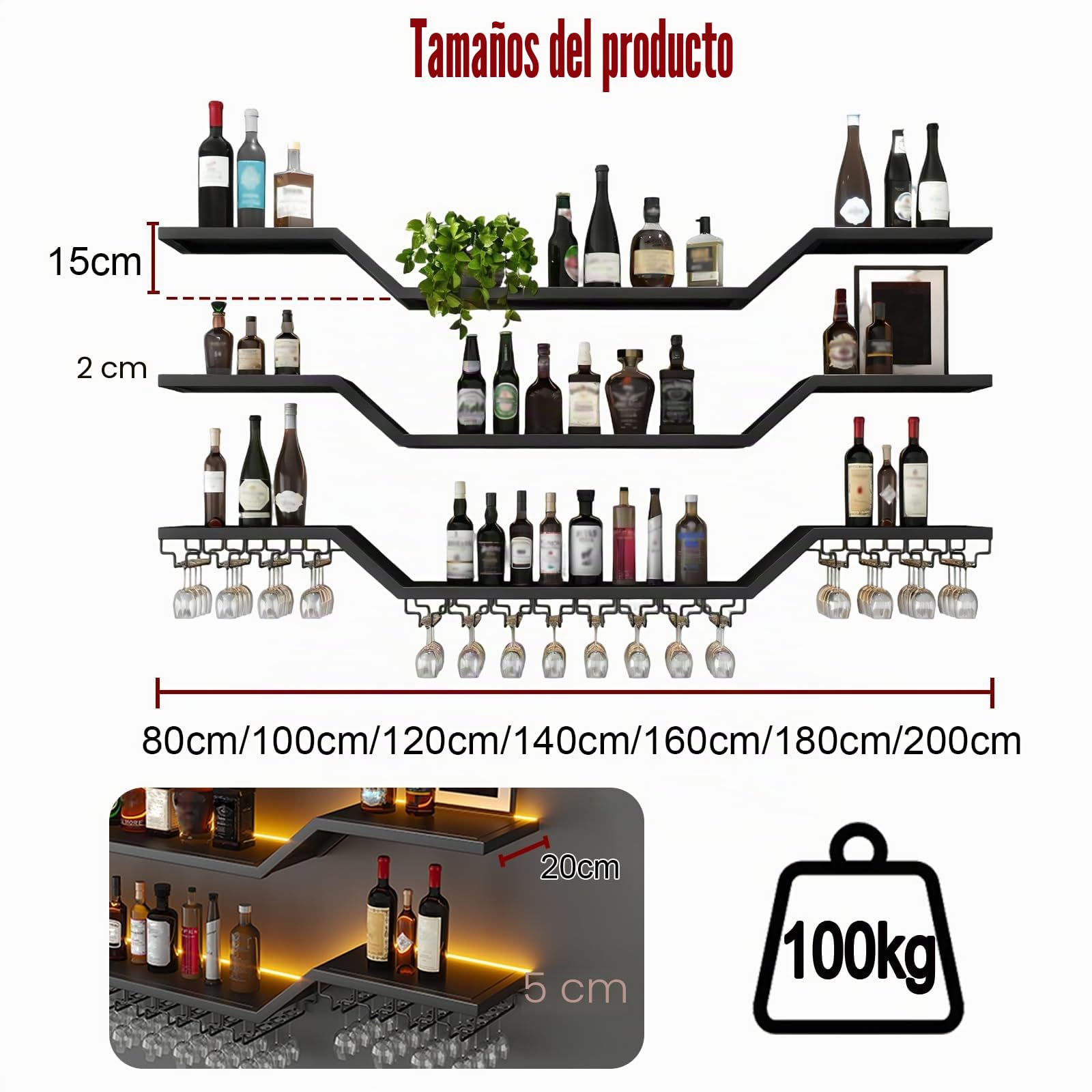 Industrial Metal Vino para con Portavasos, Grande Botellero de Pared de Metal con luz LED, 3 Niveles Flotante para Vino exhibición, de hogar Restaurante Bares (Negro, 200cm)