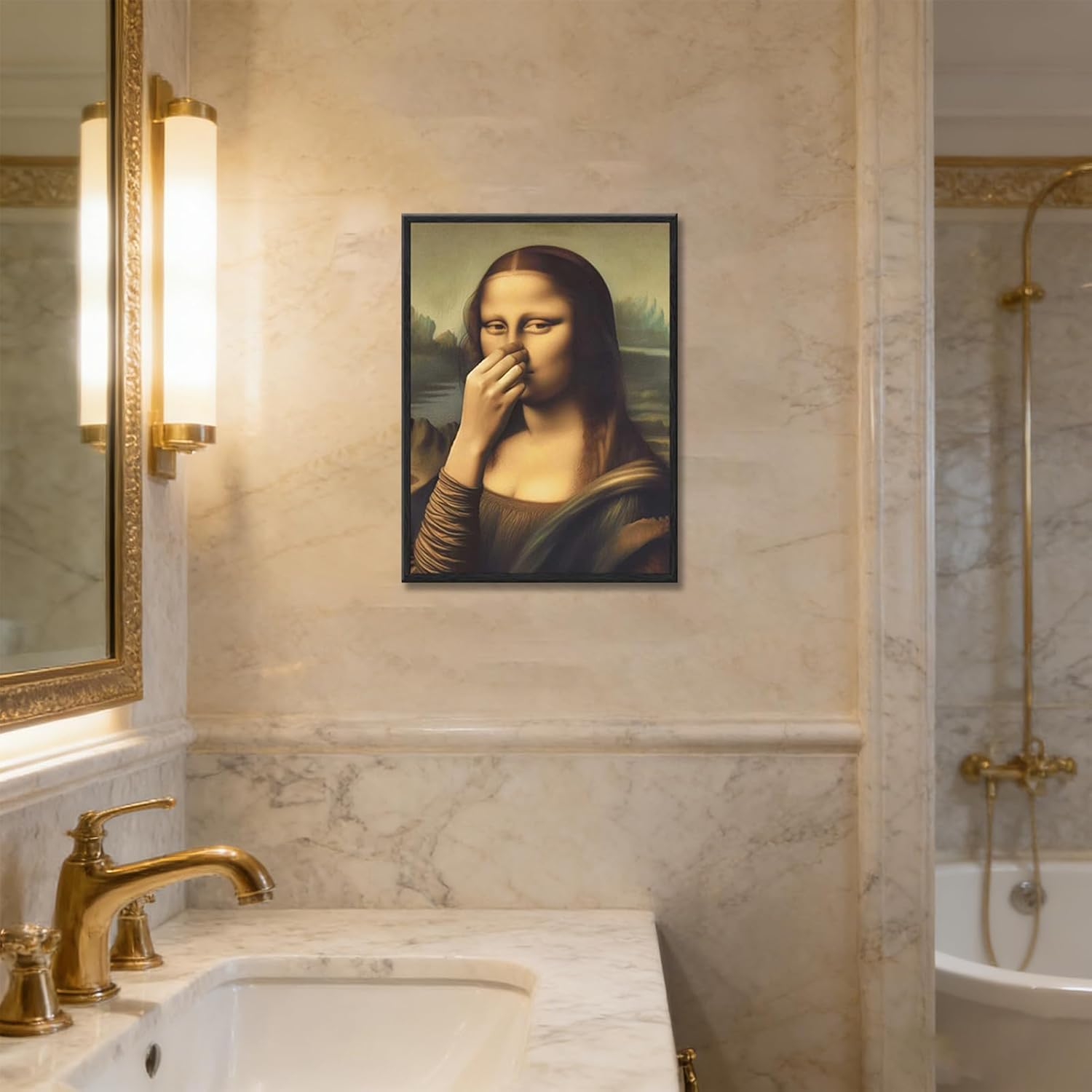 Kabcod Funny Mona Lisa Bathroom Wall Art Pinching Nose Wall Decor Vintage Mona Lisa Classical Painting Picture Humor Amusing Toilet Art Whimsical Poster Canvas Print Bathroom Decoration 16x24in