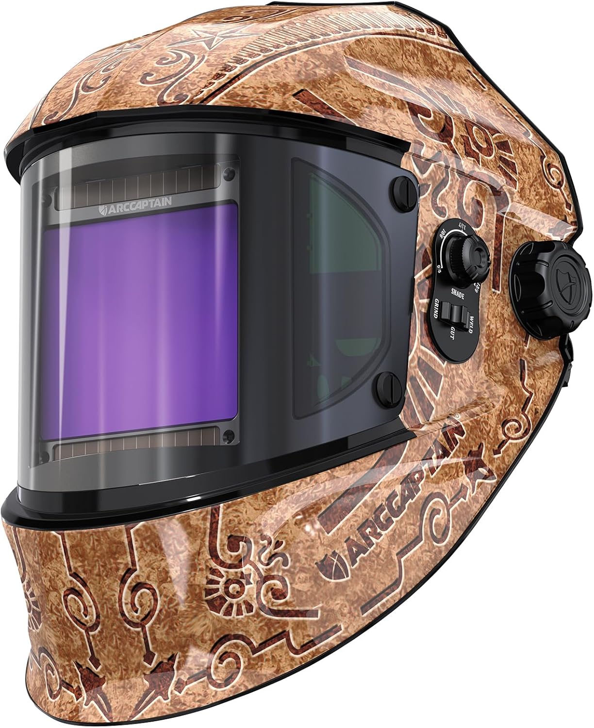 ARCCAPTAIN Auto Darkening Welding Helmet with Side View, 180° Panoramic View, 1/1/1/1 True Color Large Viewing Welding Hood with 4 Arc Sensor Solar Powered, Wide Shade 4/5-9/9-13, Woodcarving